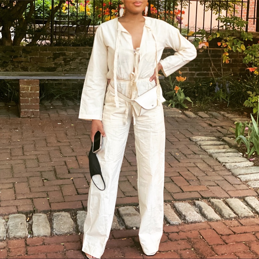 VTG 70s Kashmir Krafts Ivory Natural Cotton Muslin Tie Front Jumpsuit XS